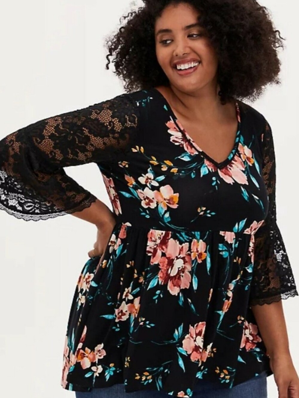 NWT Torrid Black Floral Babydoll Lace Bell Sleeves V-Neck Top Plus Size 2X/2